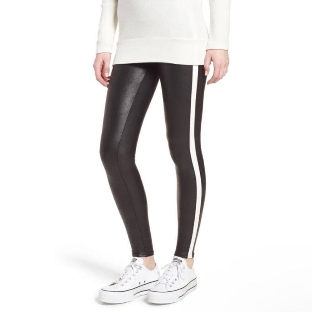SPANX | Tuxedo Stripe Faux Leather Full Length Leggings Black Size X-Small